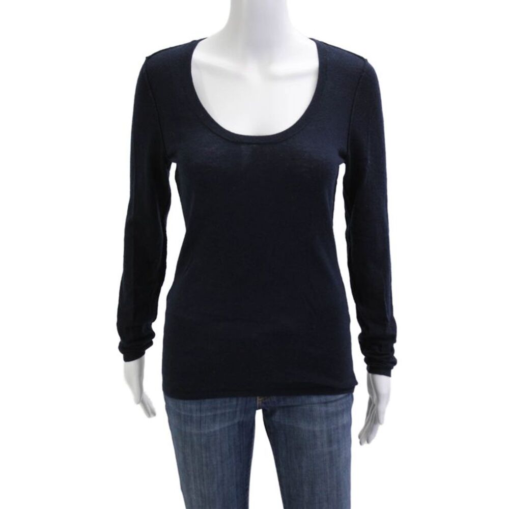 Malika Womens Basic Cashmere Round Neck Long Sleeve Dark Blue T-Shirt Size S